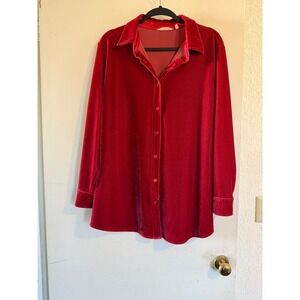 Soft Surroundings Red Velvet Button Up Shirt Tunic Long Sleeve Size L Oversized